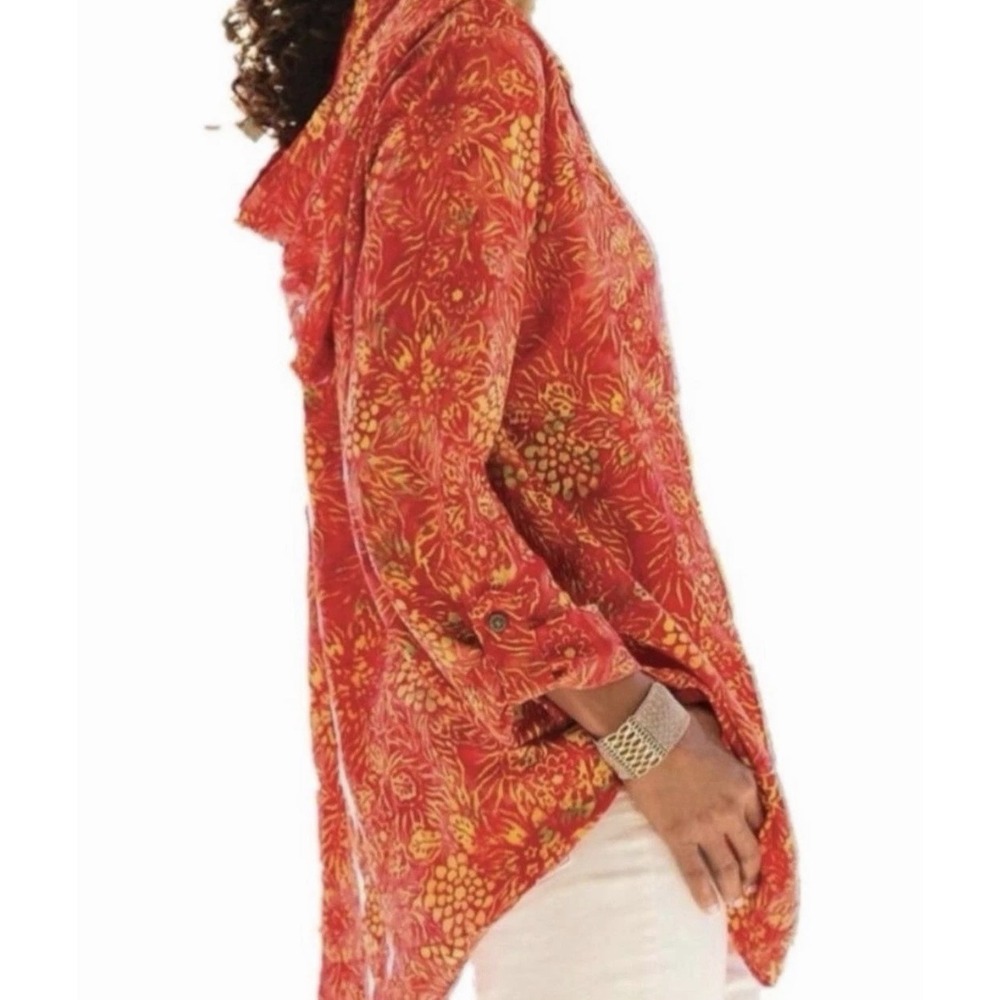 Soft Surroundings Women's Orange Floral Print Hooded Roll Tab Sleeve Pullover XS